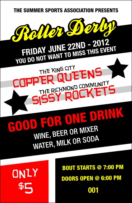 Roller Derby Passing Star Drink Ticket Product Front